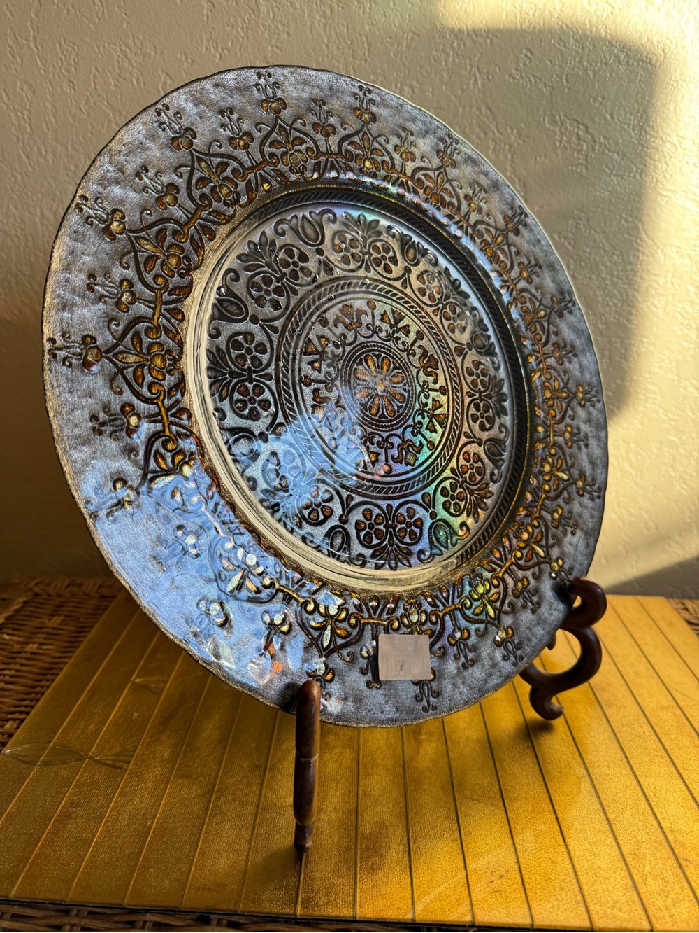 Dark gray gold glass made in turkey charger plate platter, Moroccan surfing dish